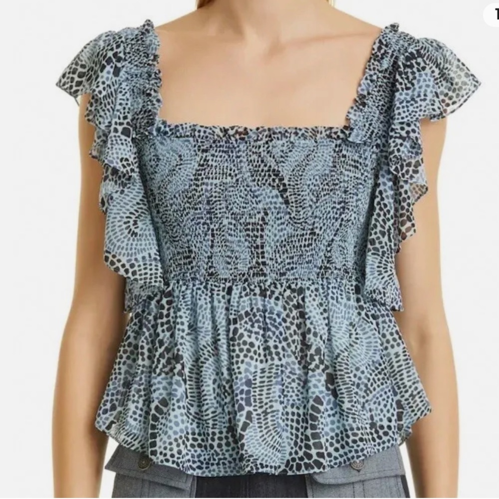 Cinq A Sept Top Smocked Ruffle Blue Print Anabelis Rain Cloud
Cropped Si…
